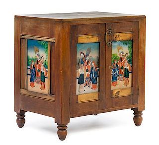 A Chinese Export Reverse Painted Glass Panel Inset Chest Height 29 x width 28 x depth 19 inches.