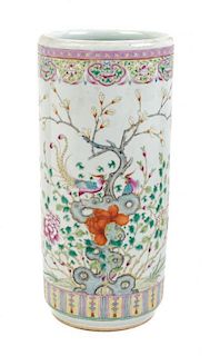 A Chinese Export Porcelain Umbrella Stand Height 17 3/4 inches.