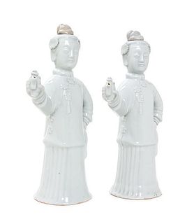 A Pair of Blanc de Chine Figural Bottles Height 10 1/8 inches.