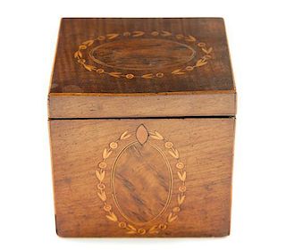 * An English Marquetry Decorated Tea Caddy Width 5 inches.