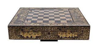 A Regency Chinoiserie Decorated Game Box Height 9 1/4 x width 22 inches.