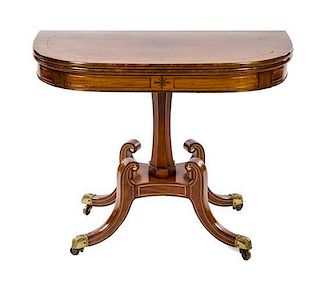 * A Regency Brass Inlaid Mahogany Game Table Height 28 1/4 x width 36 x 18 inches closed.