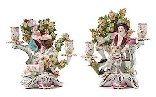 * A Pair of English Bocage Porcelain Figural Candelabra Height 10 3/4 inches.
