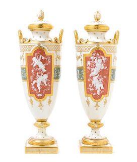 A Pair of Minton Pate-Sur-Pate Covered Vases Height 13 3/4 inches.