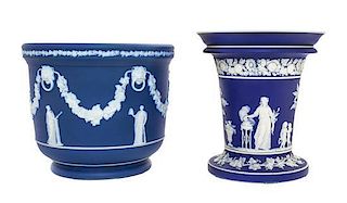 * Two Wedgwood Blue Jasperware Articles Height of vase 7 inches.