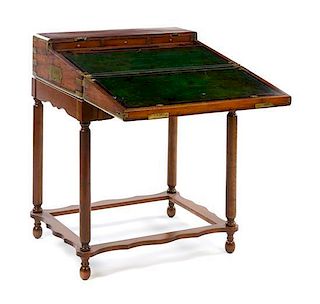 * A Victorian Brass Banded Mahogany Campaign Desk Height 32 1/4 x width 26 x depth 20 inches (closed).