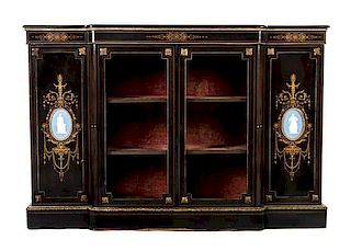 A Victorian Ebonized and Jasper Plaque Console Cabinet Height 40 1/2 x width 60 x depth 15 inches.
