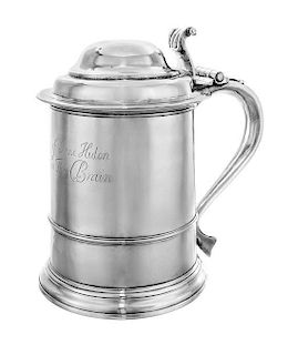A George II Silver Covered Tankard, Likely Hugh Arnett and Edward Pocock, London, 1728, of cylindrical form surmounted by a dome