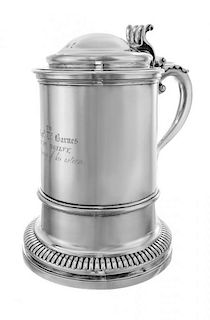 A George III Silver Tankard, Rebecca Emes and Edward Barnard, London, 1786, of cylindrical form surmounted by a domed lid and ra