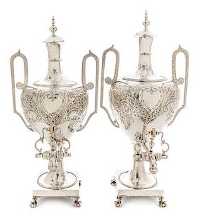 A Pair of English Silver-Plate Tea Urns Height 20 1/2 inches.