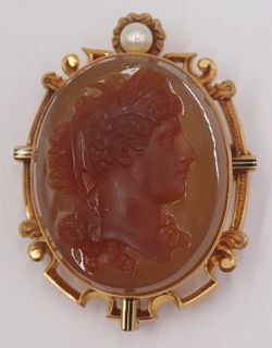 JEWELRY. 18kt Gold Mounted Carved Cameo Brooch