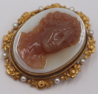 JEWELRY. Signed 14kt Gold, Carved Cameo and Pearl