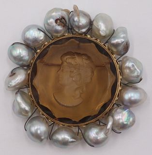 JEWELRY. 14kt Gold, Intaglio and Pearl Brooch.