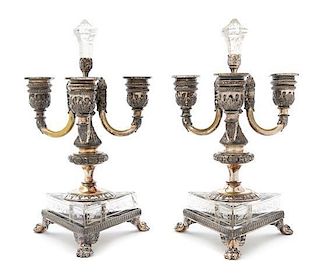 A Pair of Glass Mounted Silver-Plate Three Light Candelabra, Continental, Late 19th Century, each having a triangular base etche