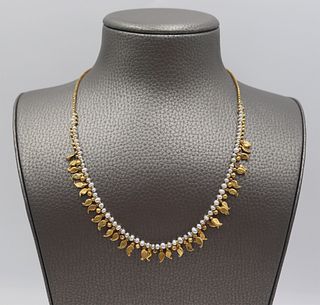 JEWELRY. 18kt, 14kt and Pearl Paisley Necklace.
