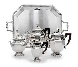 A French Silver-Plate Tea and Coffee Service, Christofle, Paris, 20th Century, Colbert pattern, with wood handles, comprising a