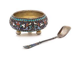 * A Russian Enameled Silver Salt, Late 19th century, of lobed form with spherical feet, maker's mark of HC, together with an ass