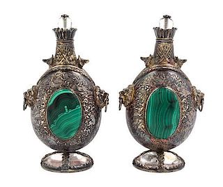 * A Pair of Continental Malachite and Rock Crystal Mounted Silver Flasks, 19TH CENTURY, each of flattened bottle form, with lion