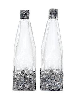 * A Pair of German Silver Mounted Etched Glass Bottles Height 9 inches.