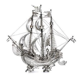 A German Silver Model of a Ship, Likely Ludwig Neresheimer, Early 20th Century, depicting a three masted galleon.