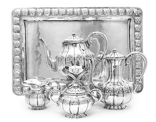 A Mexican Silver Four-Piece Tea and Coffee Set and Matching Tray, Sanborns, Mexico City, 20th Century, comprising a coffee pot,