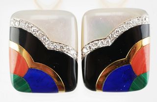 18K Gold Diamond Onyx Coral MOP Earrings