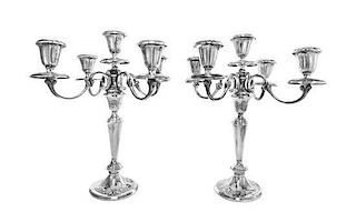 * A Pair of American Silver Five-Light Candelabra, Gorham Mfg. Co., Providence, RI, 20th Century, each with baluster form standa
