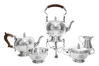 An American Silver Tea Set, Gorham Mfg. Co., Providence, RI, 1941, comprising a water kettle on stand, a teapot, a covered sugar