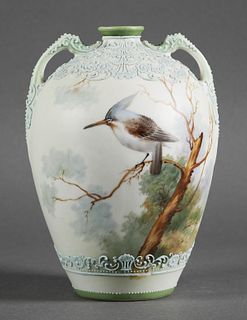 Japanese Nippon Moriage Kingfisher Porcelain Vase