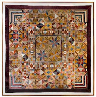 An American Silk and Velvet Patchwork Quilt Height 76 x width 86 inches.