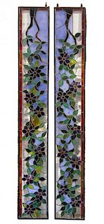 A Pair of Leaded Glass Windows Height 80 1/2 x width 11 3/4 inches.