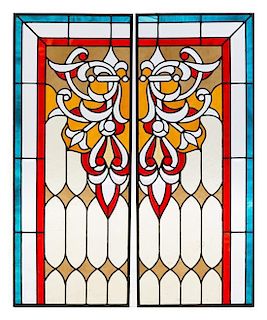 A Set of Six Leaded and Jeweled Glass Windows Largest: 63 3/4 x 22 inches.