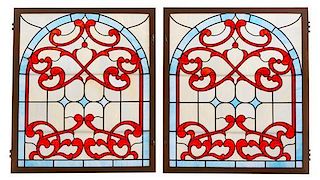A Pair of Leaded Glass Windows Height 47 1/4 x width 41 inches.