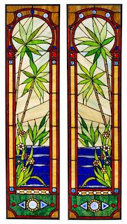 A Pair of Leaded Glass Windows Height 63 1/2 x width 15 3/4 inches.