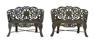 * A Pair of Wrought Iron Garden Benches Height 30 x width 41 1/2 x depth 17 inches.