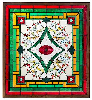A Set of Six Large Leaded Glass Windows Height 64 1/2 x width 64 1/2 inches.