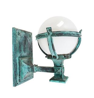 A Patinated Cast Metal Single-Light Sconce Height 16 x depth 17 inches.