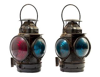 A Pair of Railroad Signal Lanterns Height of each 14 inches.