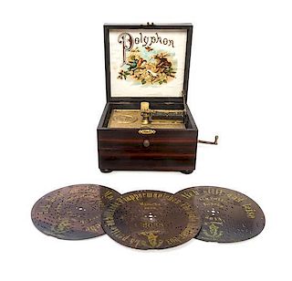 A Polyphon Disc Music Box Height 5 1/4 x width 7 3/4 x depth 7 3/4 inches.