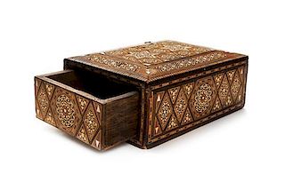A Syrian Mother-of-Pearl Inlaid Spring Box Height 3 1/4 x width 7 1/2 x depth 5 1/2 inches.