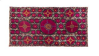 A Suzani Embroidered Panel,  LIKELY EARLY 20TH CENTURY, 7 feet 9 inches x 13 feet 9 inches.