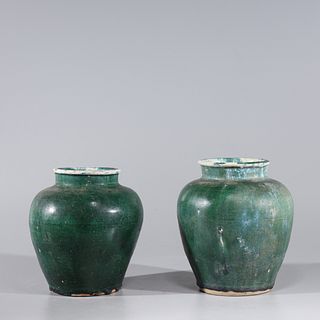 Two Chinese Early Style Green Glazed Ceramic Jars