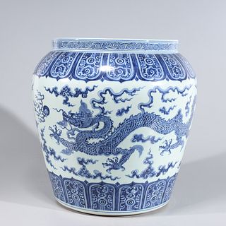 Chinese Blue & White Porcelain Dragon Jardiniere