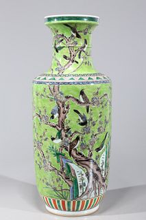 Large Chinese Famille Verte Enameled Porcelain Rouleau Vase