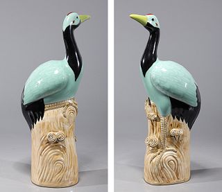 Pair of Chinese Celadon Glazed Porcelain Birds