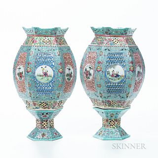 Pair of Famille Rose Wedding Lanterns and Stands