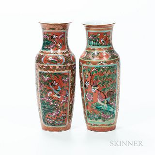 Pair of Famille Rose Red-ground Vases