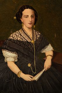 Portrait of Lady with fan and heraldic shield, Spanish school of the 19th century