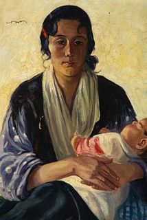 Gypsy woman with child in her arms, 19th century Spanish school