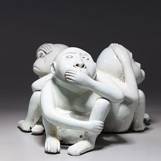 Chinese White Glazed Three Monkeys Porcelain Statue